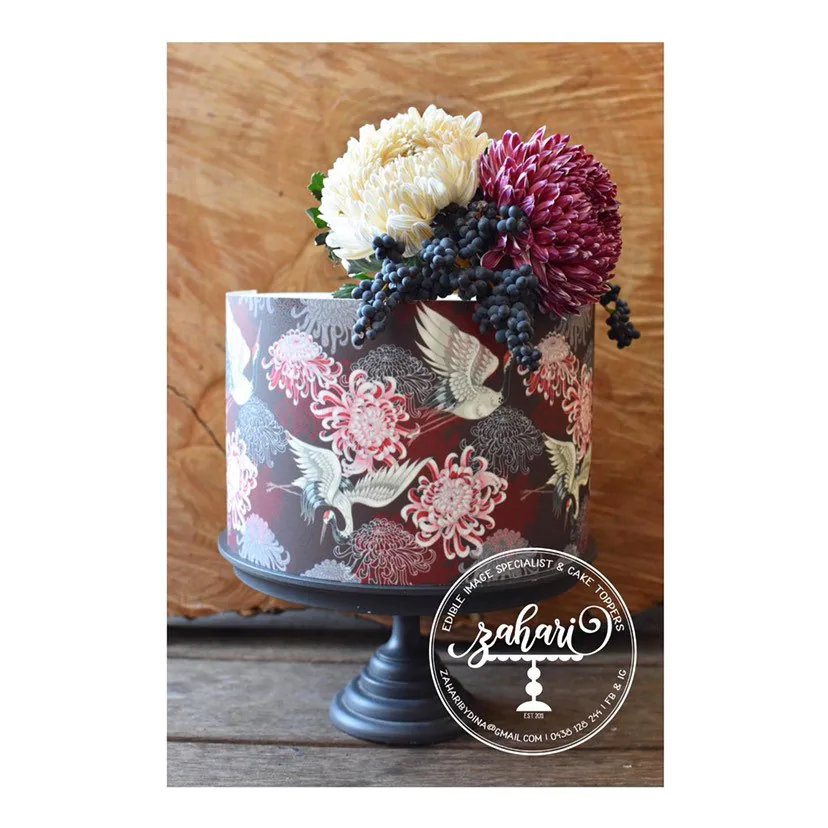 Scrapbook edible frosting sheet - A3 2 strips at 40x12.7cm (Cake wrap) chrysanthemum bird (refer to description)
