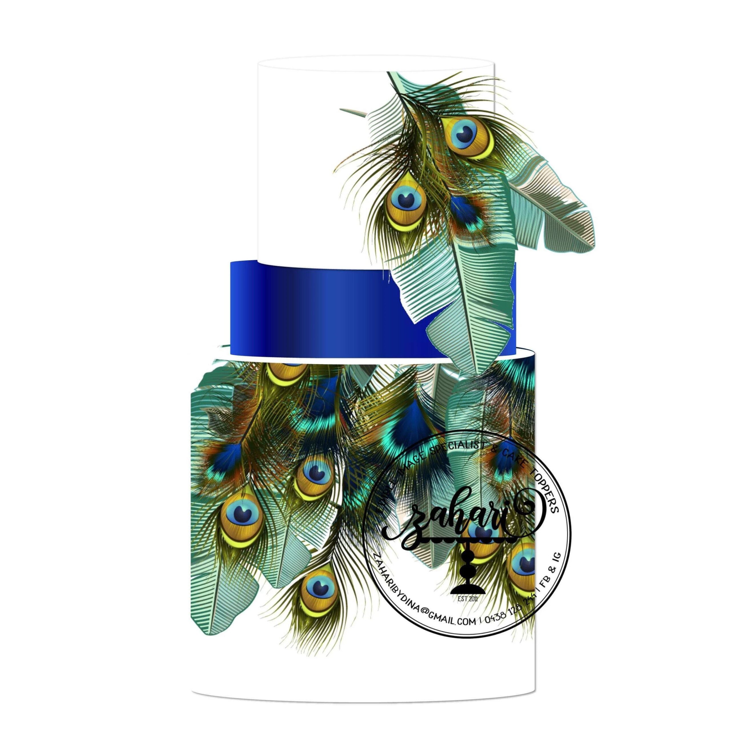 Tropical ANd PEacock  wrap on icing sheet  – A3 2 strips at 40×12.7cm (Cake wrap) bottom tier. (pls read description)