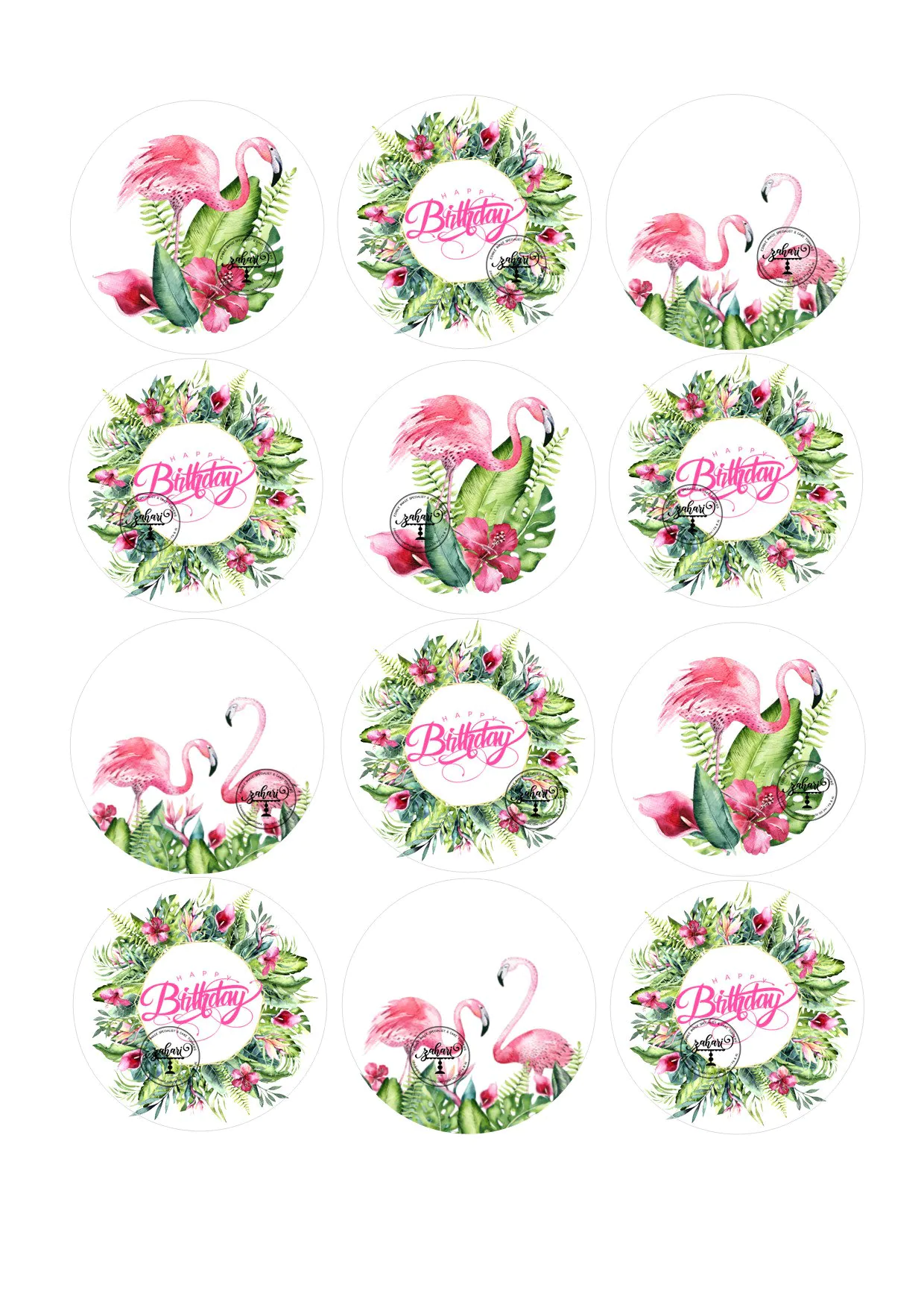 Flamingo tropical age cupcake/cookie toppers -15 precut 2 inch rounds – Can be personalised to name and age
