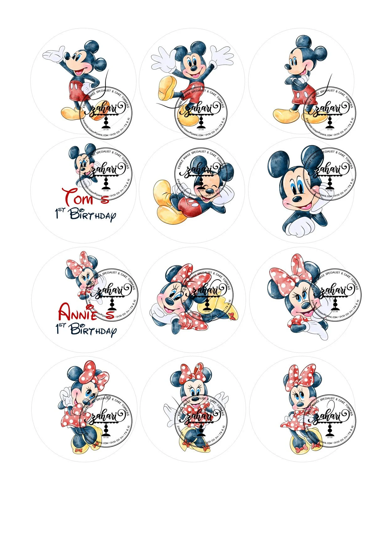 Mickey Minnie Inspired icing toppers  – 12, 2.25inch precut rounds for cookies or cupcakes – License to sell