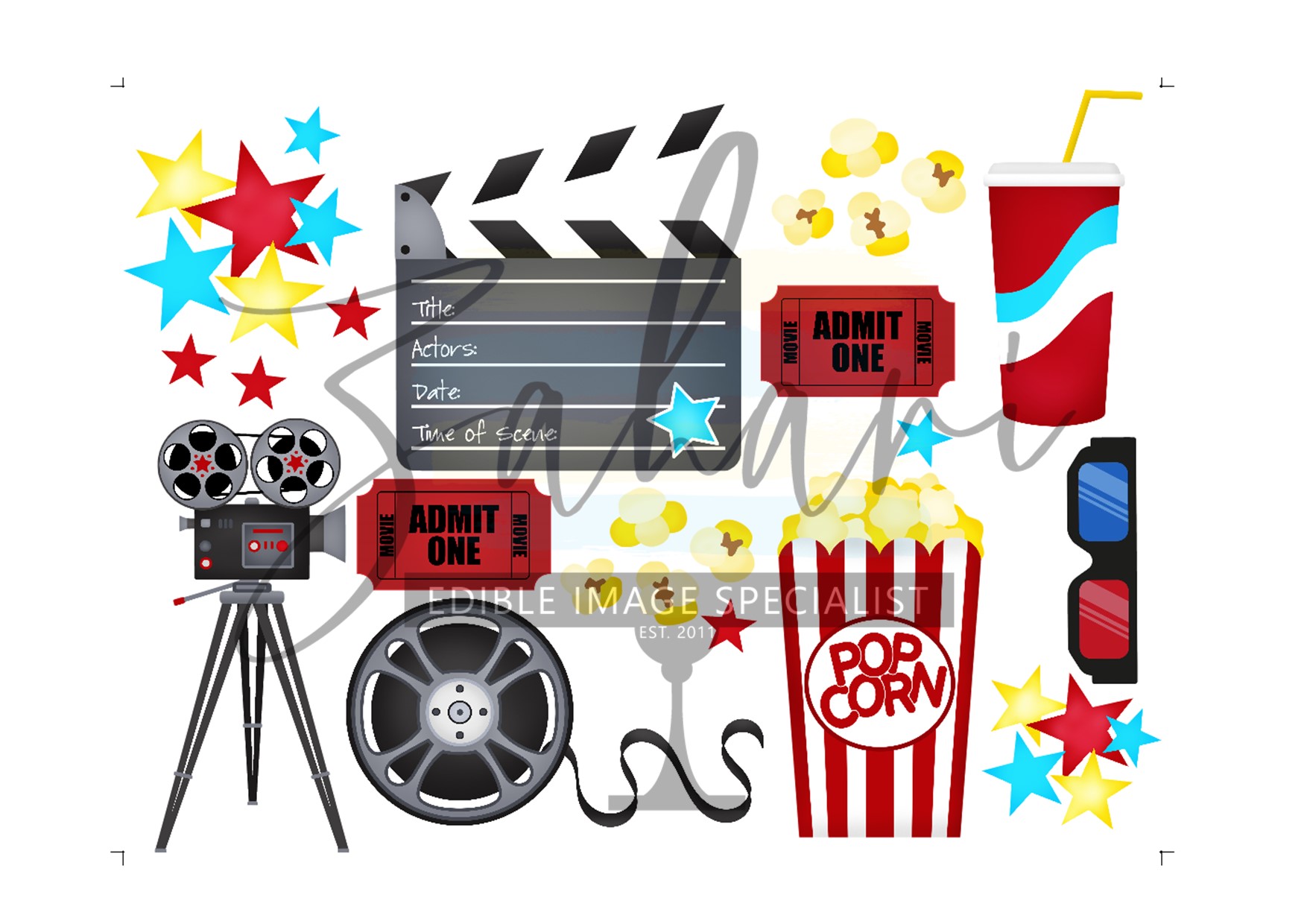 Movie night cut edible icing sheet A4 or Cupcake/Cookie icing toppers