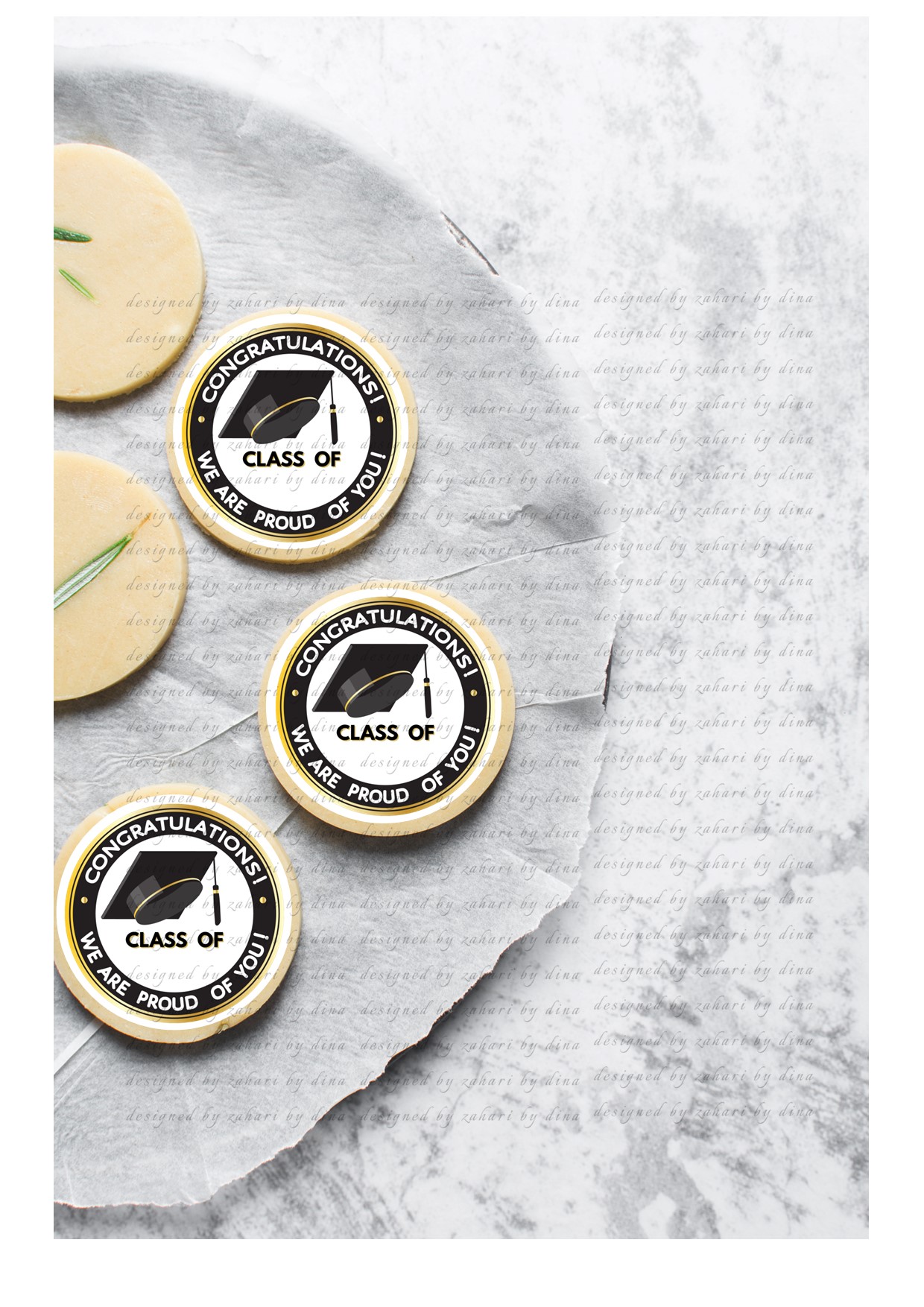 Graduation toppers – 15, 2inch precut rounds for cookies or cupcakes – year to be added
