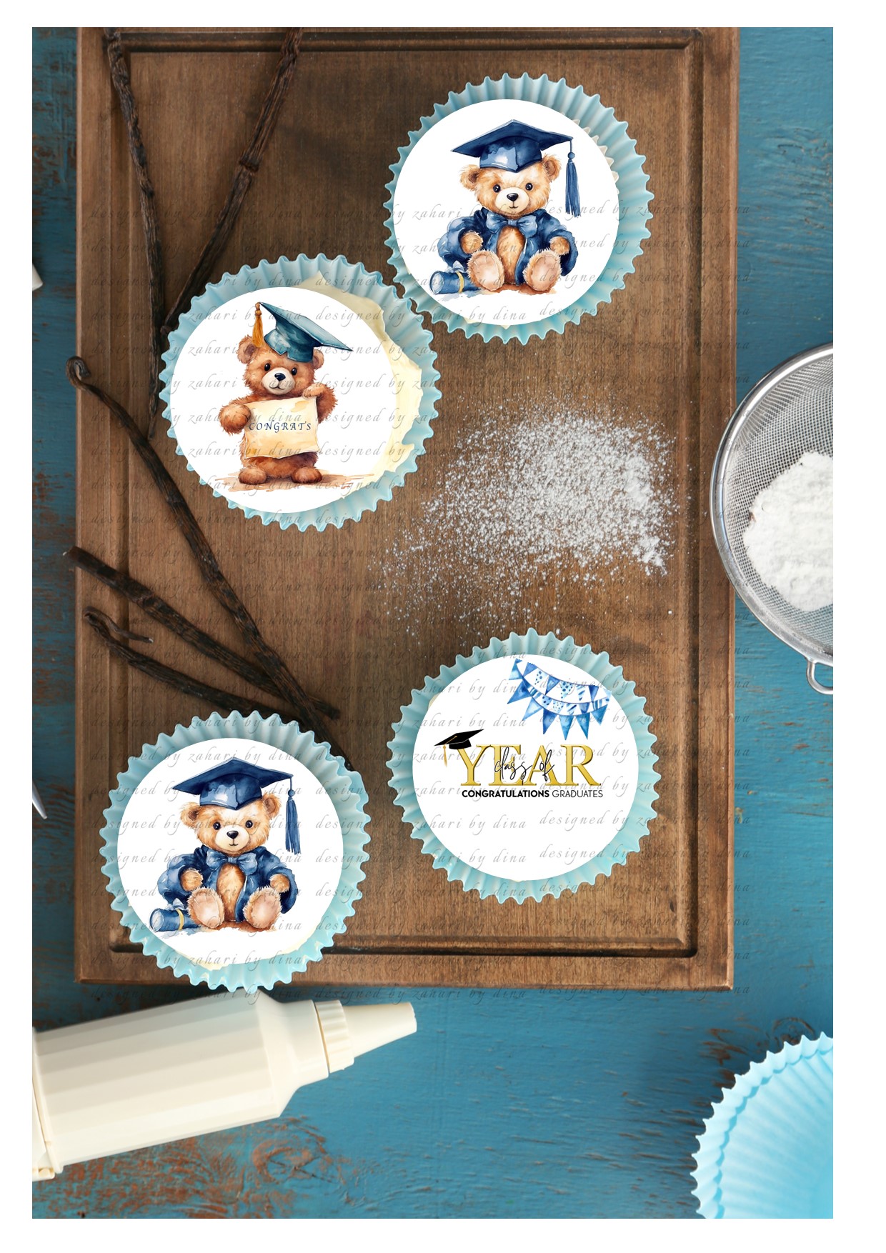 Teddy graduation precut round icing toppers for cookies or cupcakes – Year to be edited for current