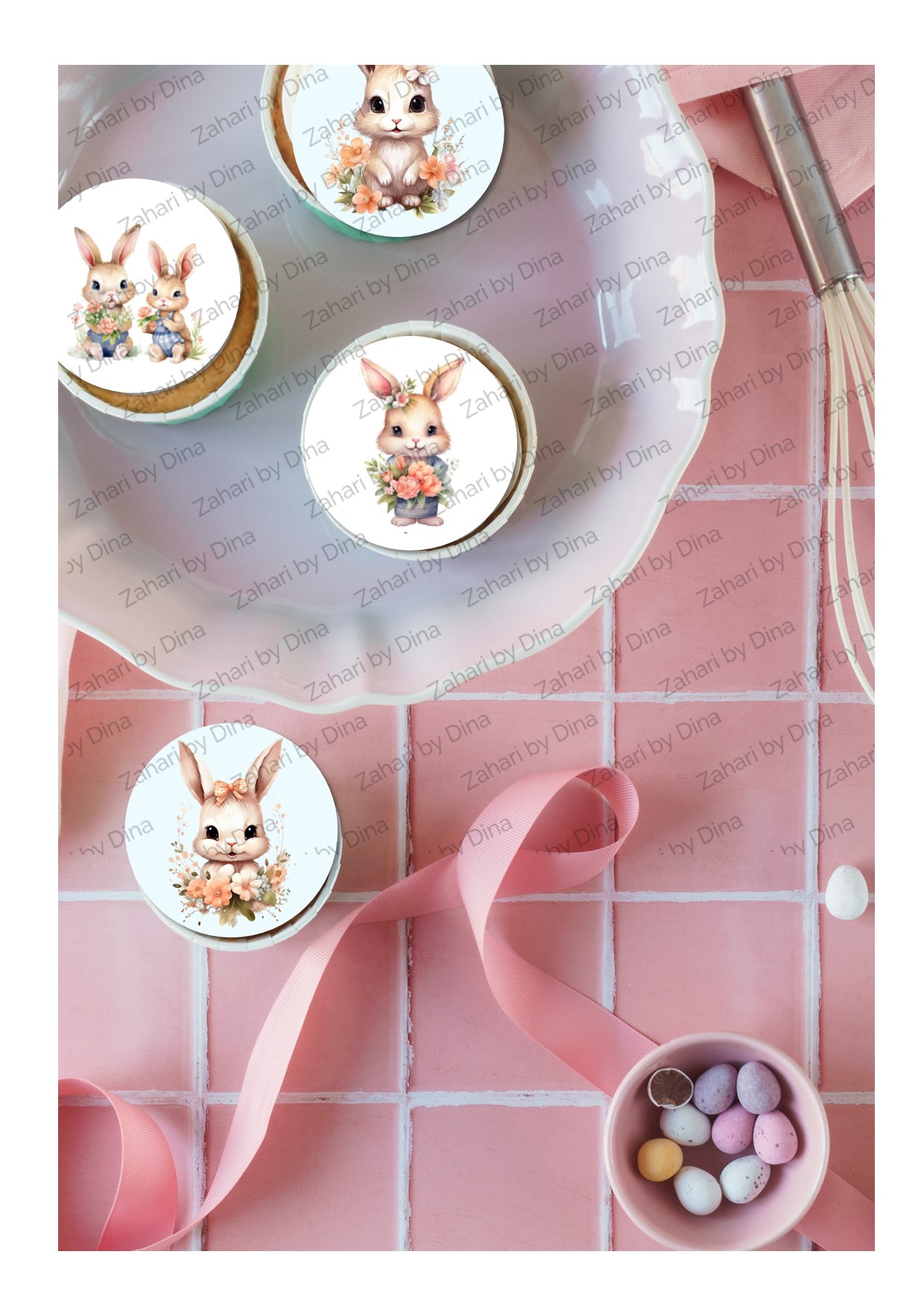 Peach Bunny Pastel Easter 2024 precut round icing toppers for cookies or cupcakes