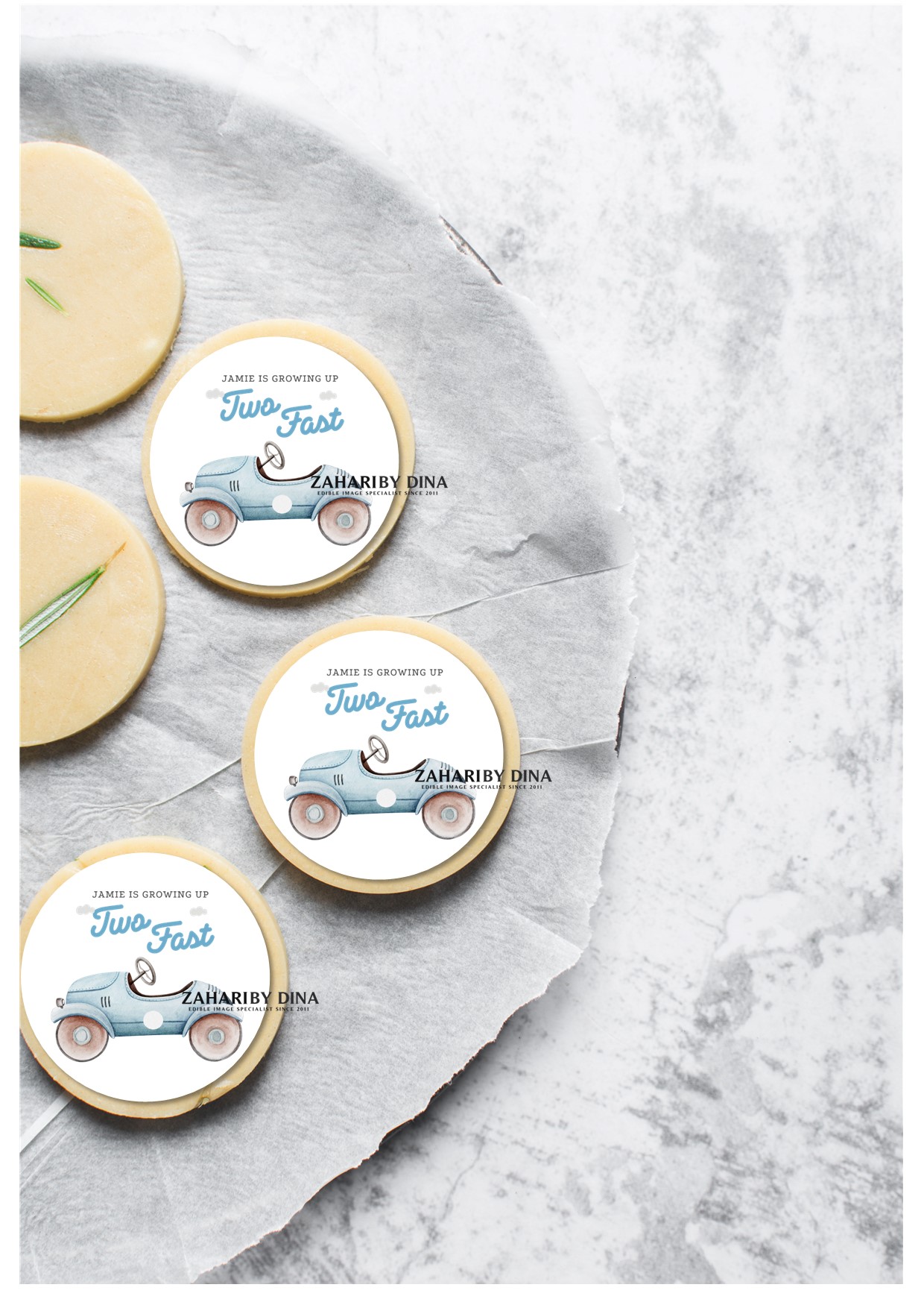 Two Fast Racing Car Kids Birthday May25 icing toppers for cookies or cupcakes