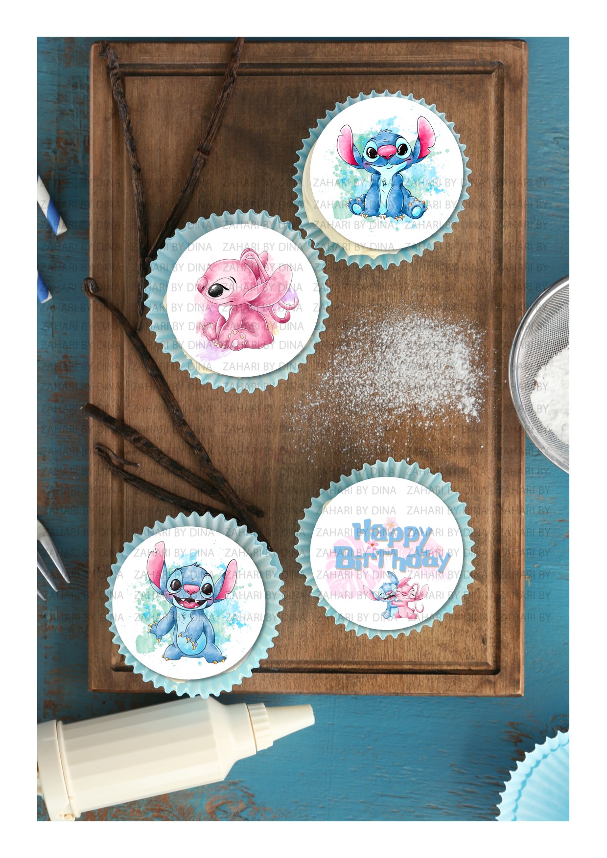 Stitch and Angel Inspired icing toppers – Edible image precut rounds for cookies or cupcakes – Licensed to sell