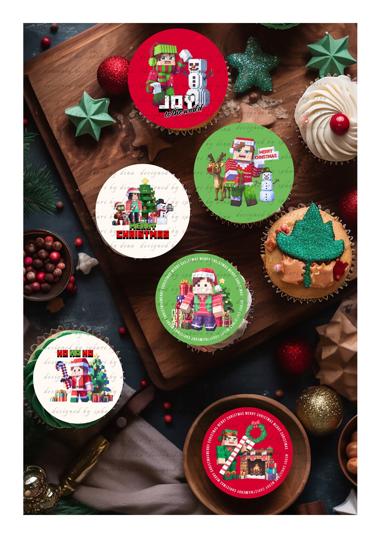 Minecraft  Xmas 2025 Christmas precut round icing toppers for cookies or cupcakes