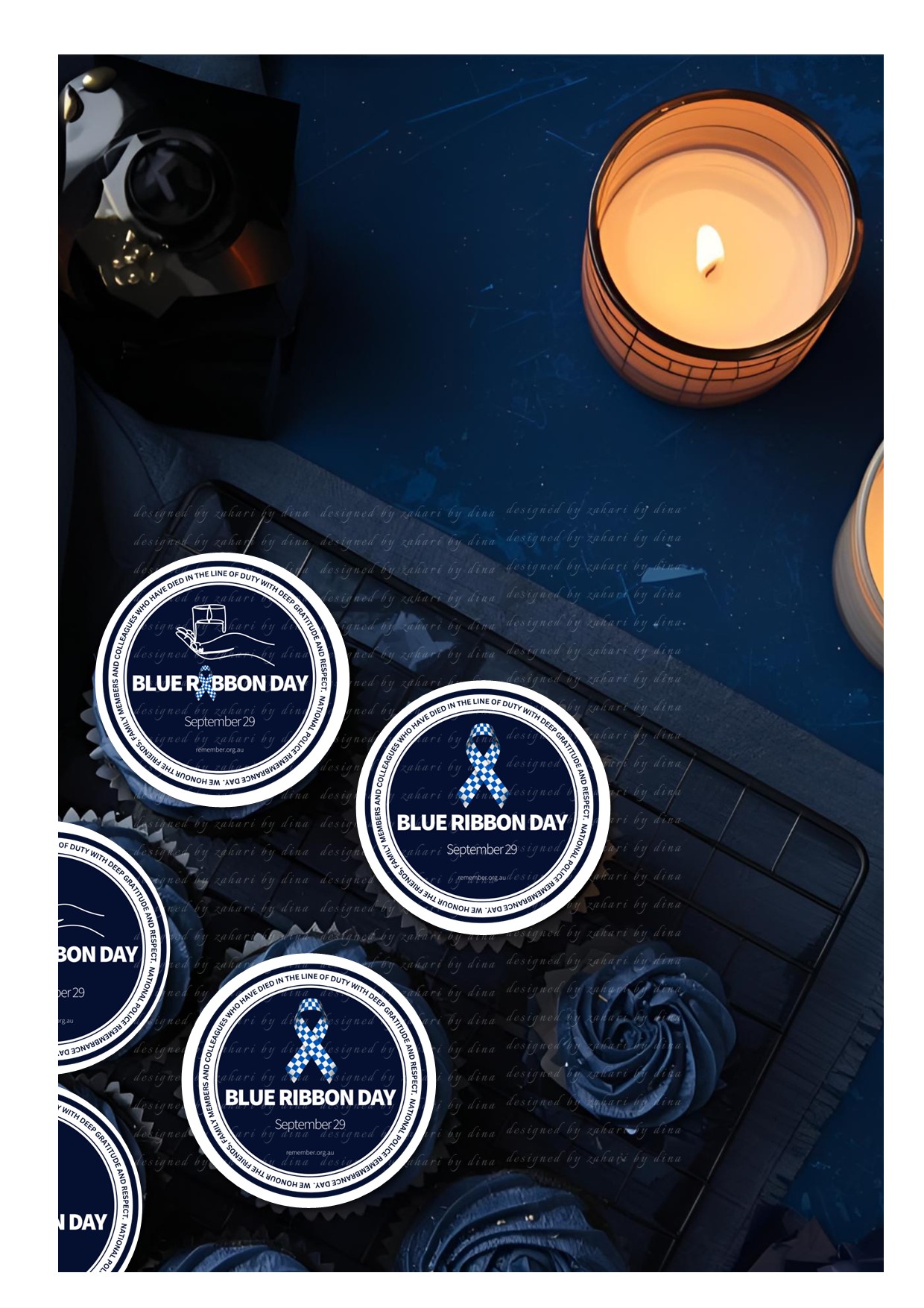 Blue Ribbon Day Police Remembrance Day Sept 29 Edible Icing Toppers for cookies or cupcakes