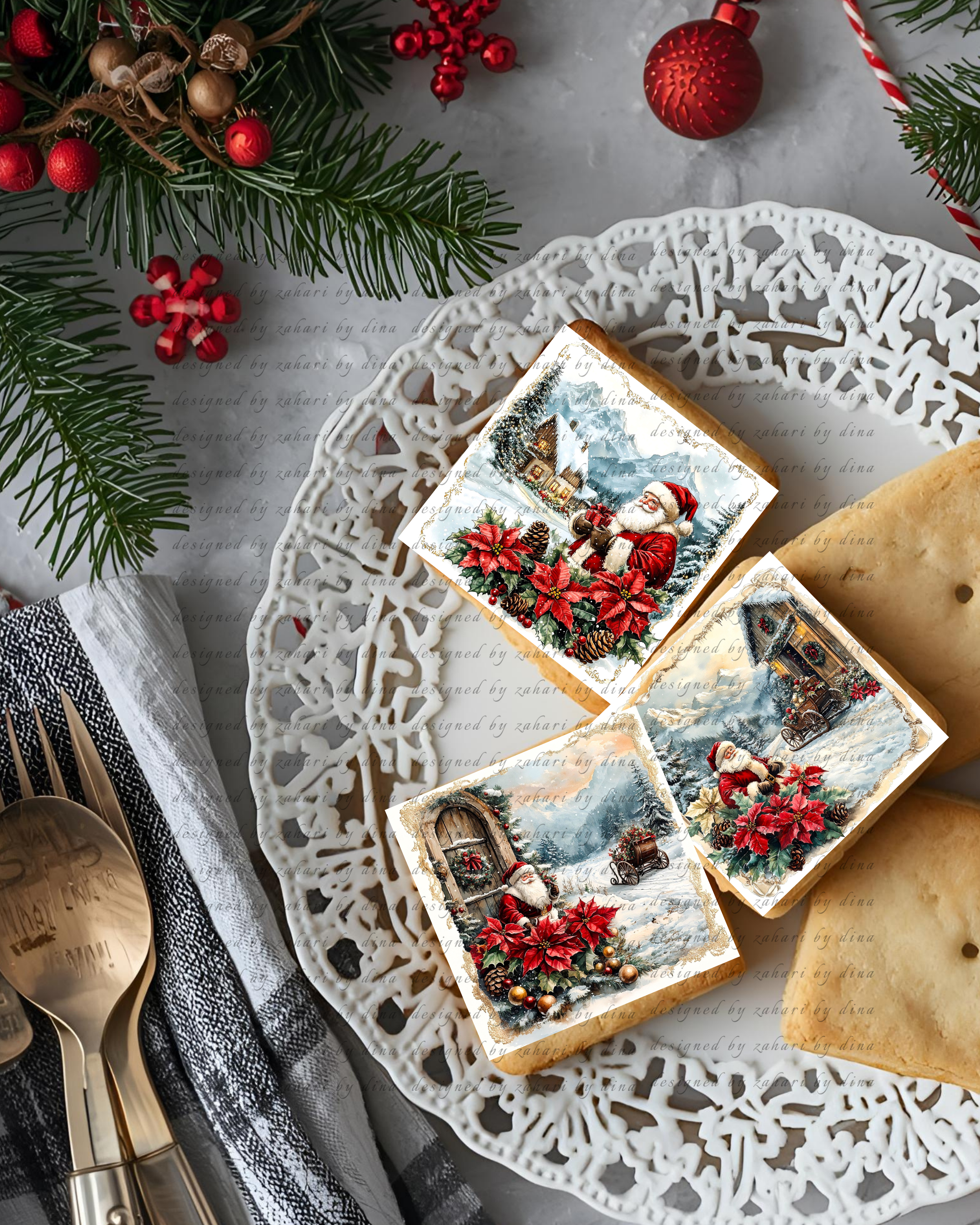 2025 Christmas Santa or Xmas Vintage Deer edible icing 12, 2.5″ square Not precut or 12, 2.5″ precut rounds