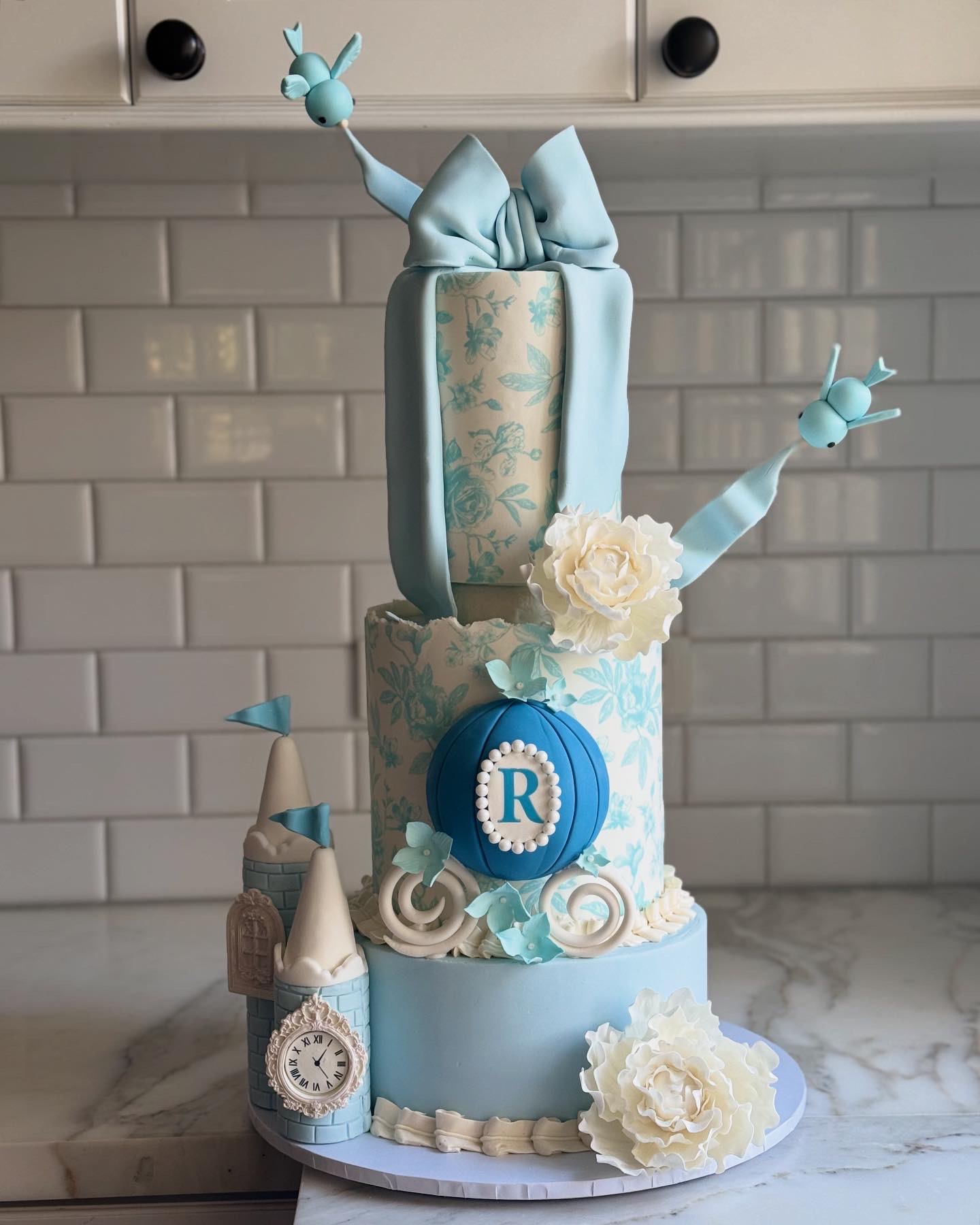 Scrapbook edible print on icing or precut toppers – Blue Floral Rose Edible Paper – Nov25