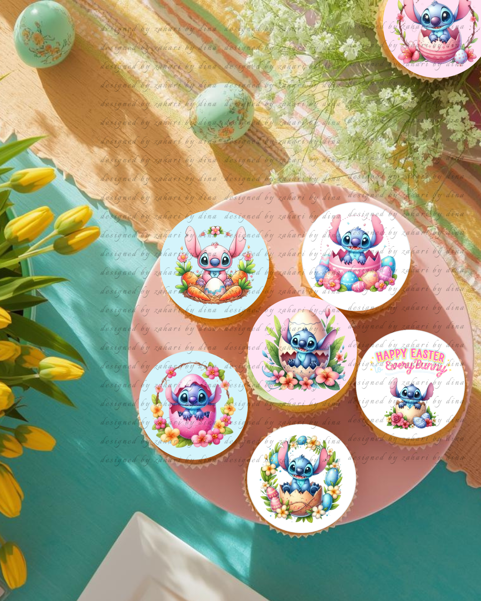 Stitch Happy Easter 2026 precut round icing toppers for cookies or cupcakes