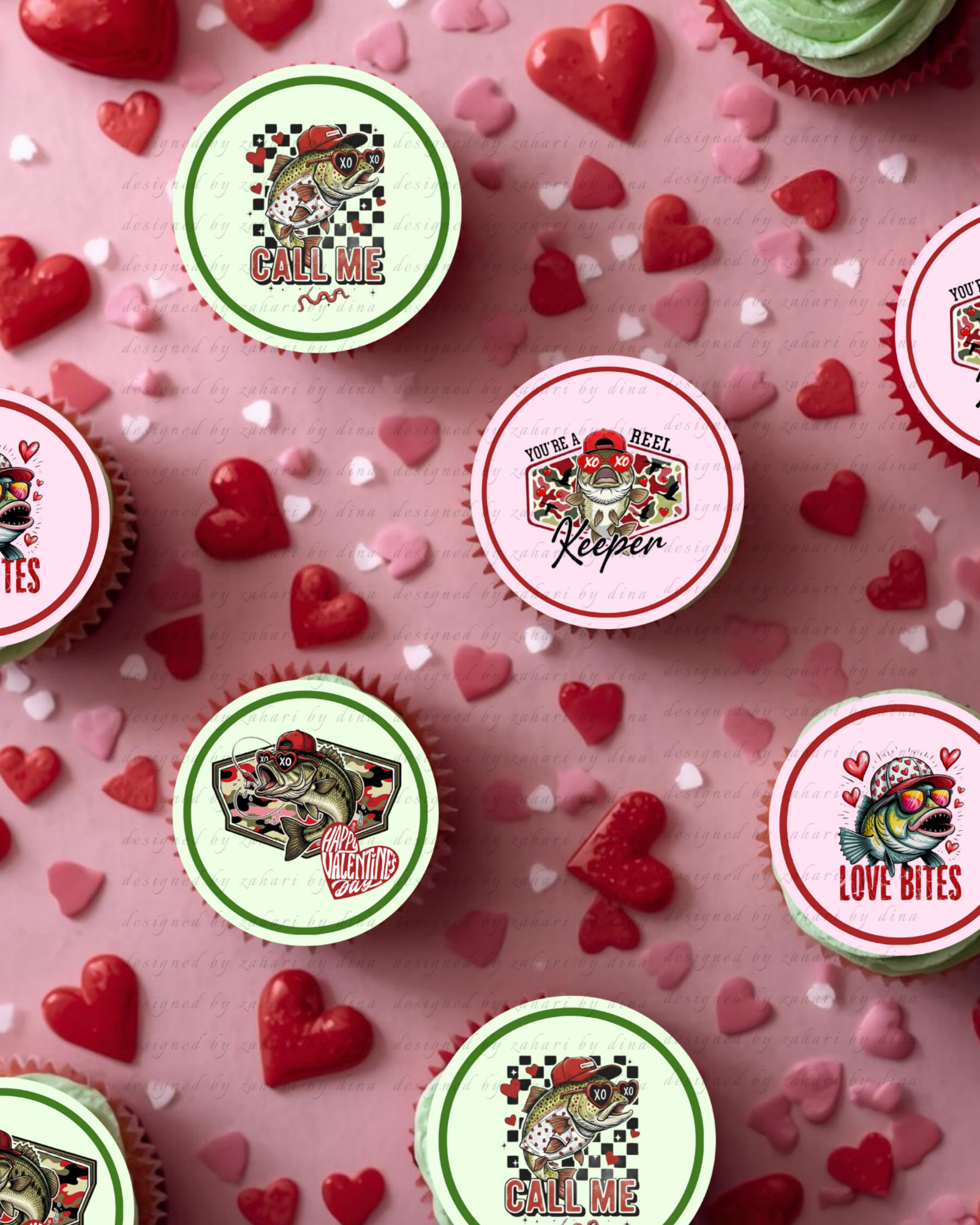 Fishing Valentines Day 2026   – Edible image precut rounds for cookies or cupcakes