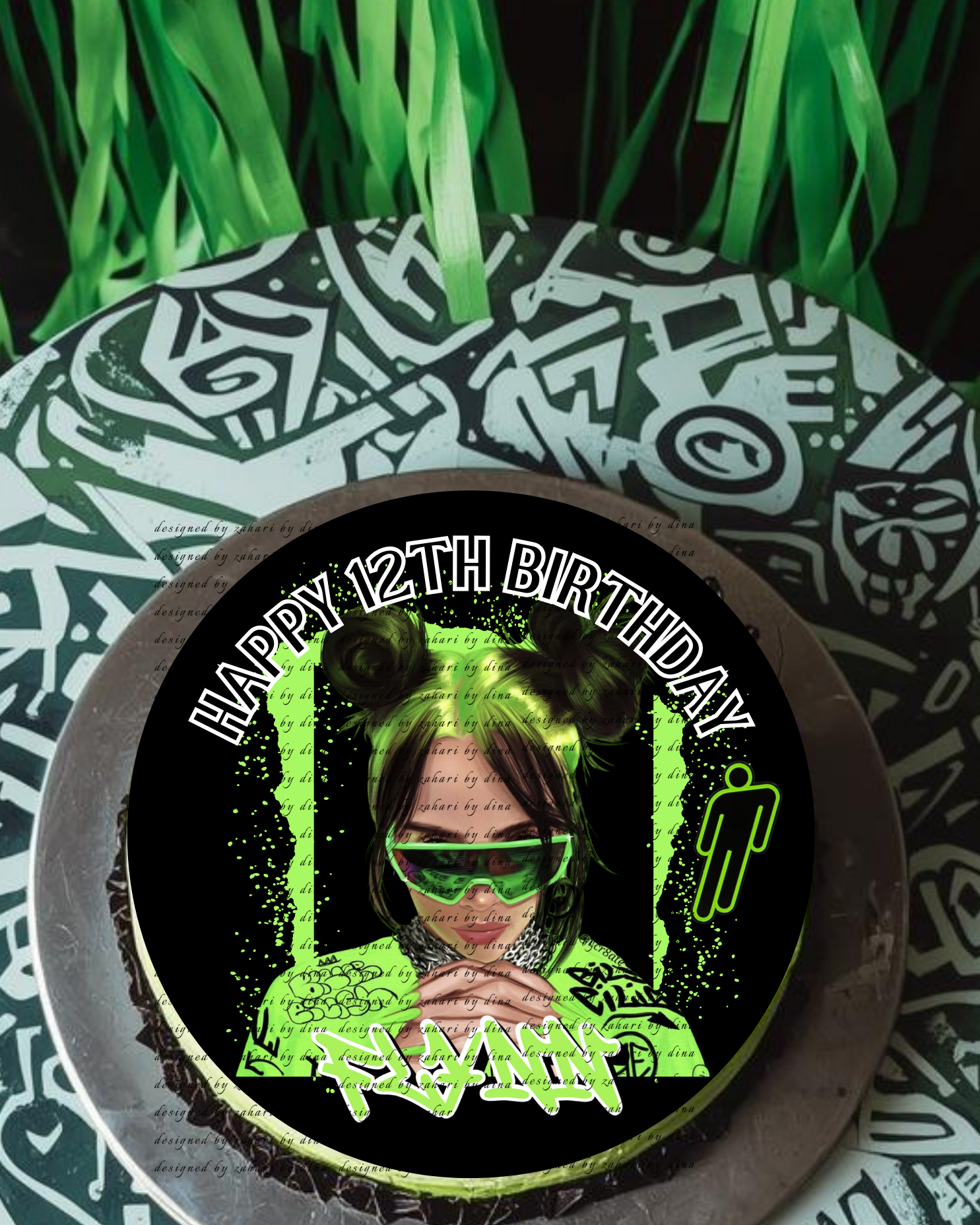 6″ round Billie Eillish cake topper printed icing sheet