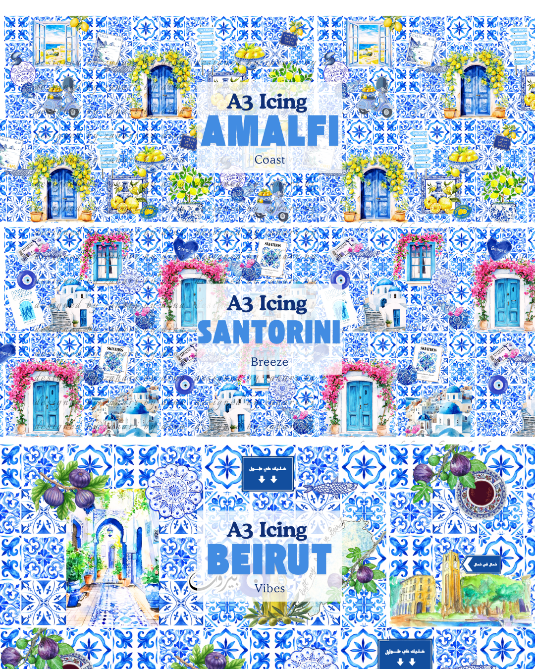 Scrapbook edible frosting sheet – A3 edible icing sheet – Italian Amalfi, Greek Santorini, Lebanese Beirut