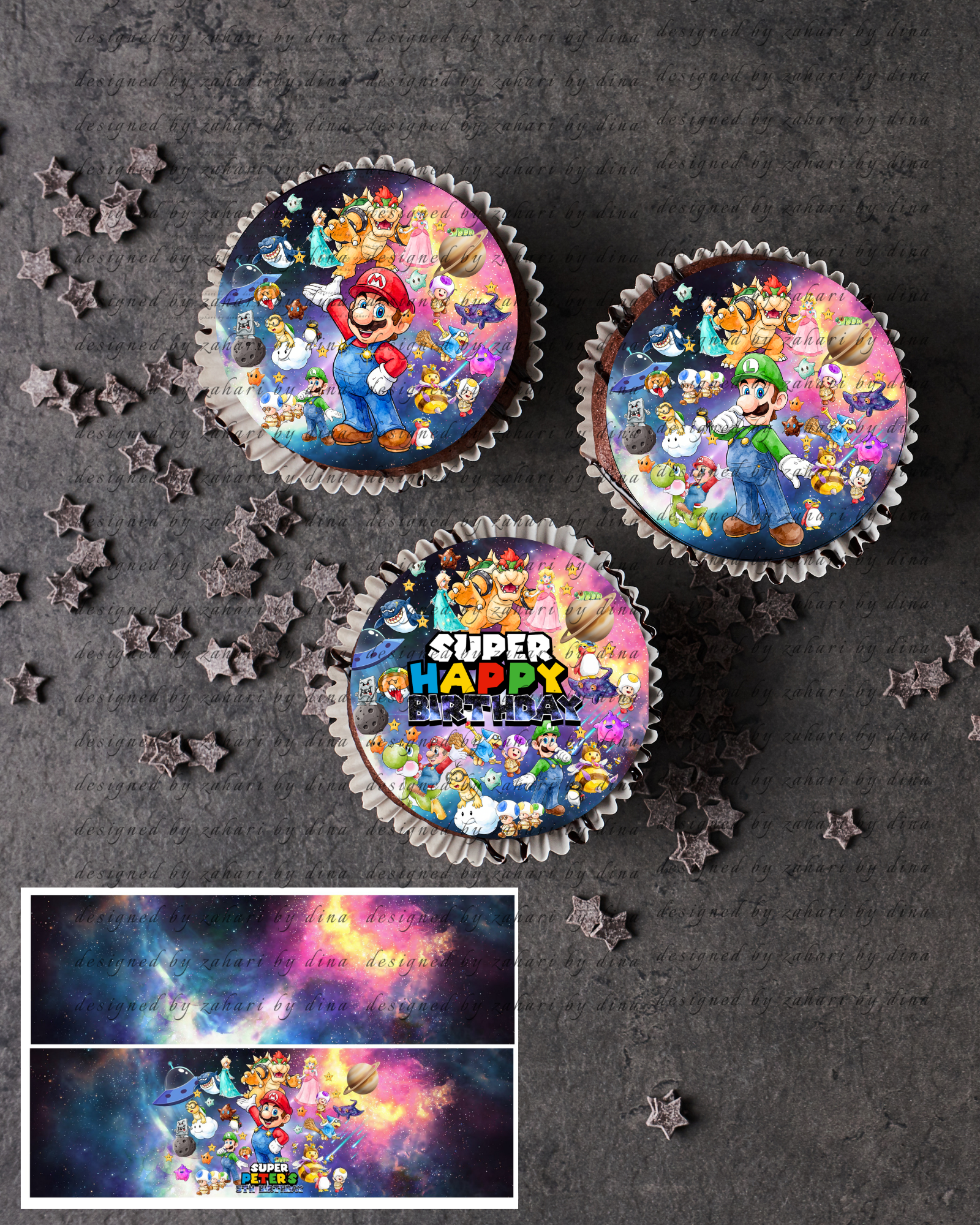 Super Mario Galaxy Edible Image Cake wrap, cake topper, cupcake and cookie prints