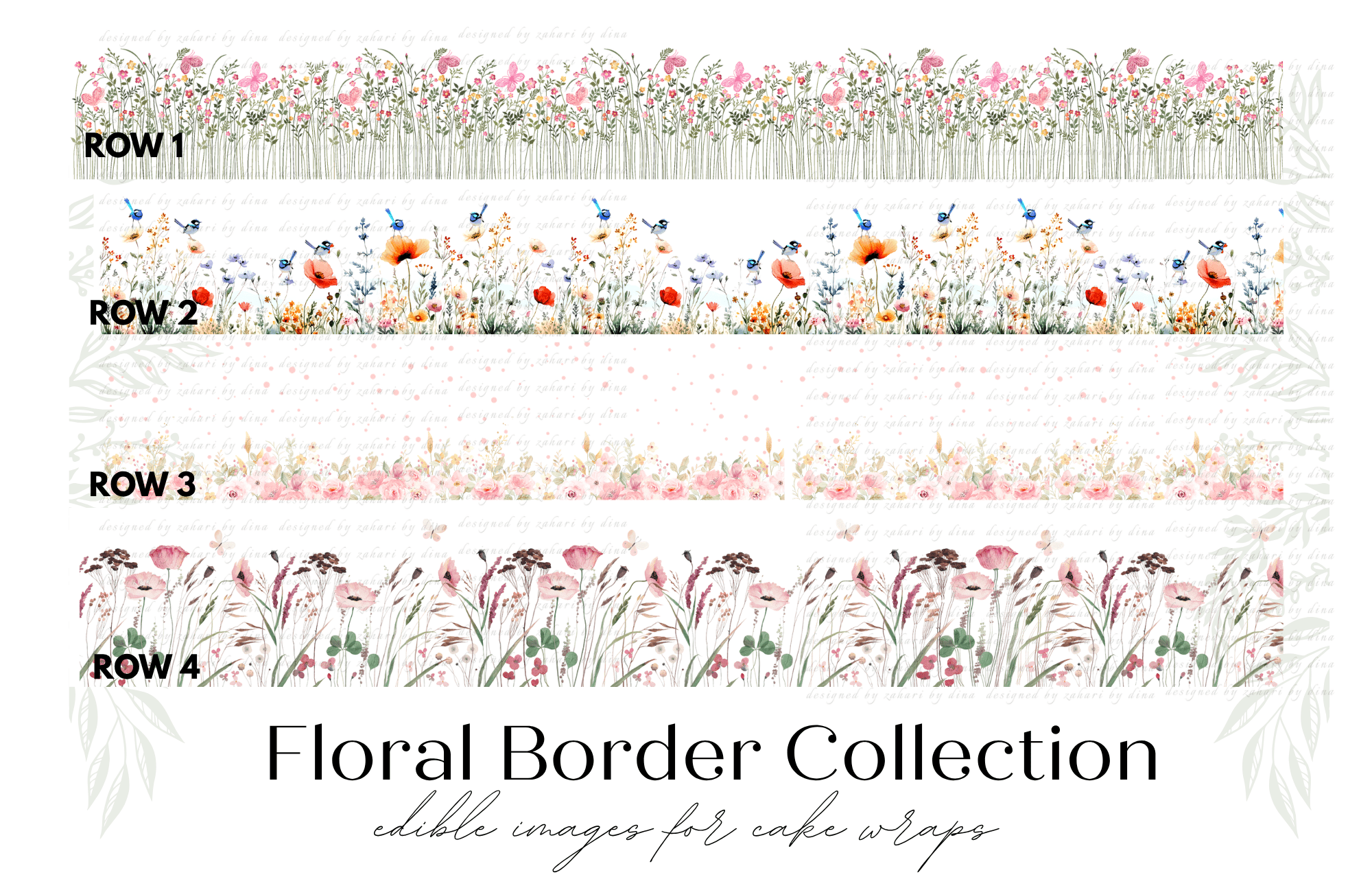 Assorted Collection of Floral Cake Border Edible Prints  – 40 x 12.5cm strip x 2 – Please read description