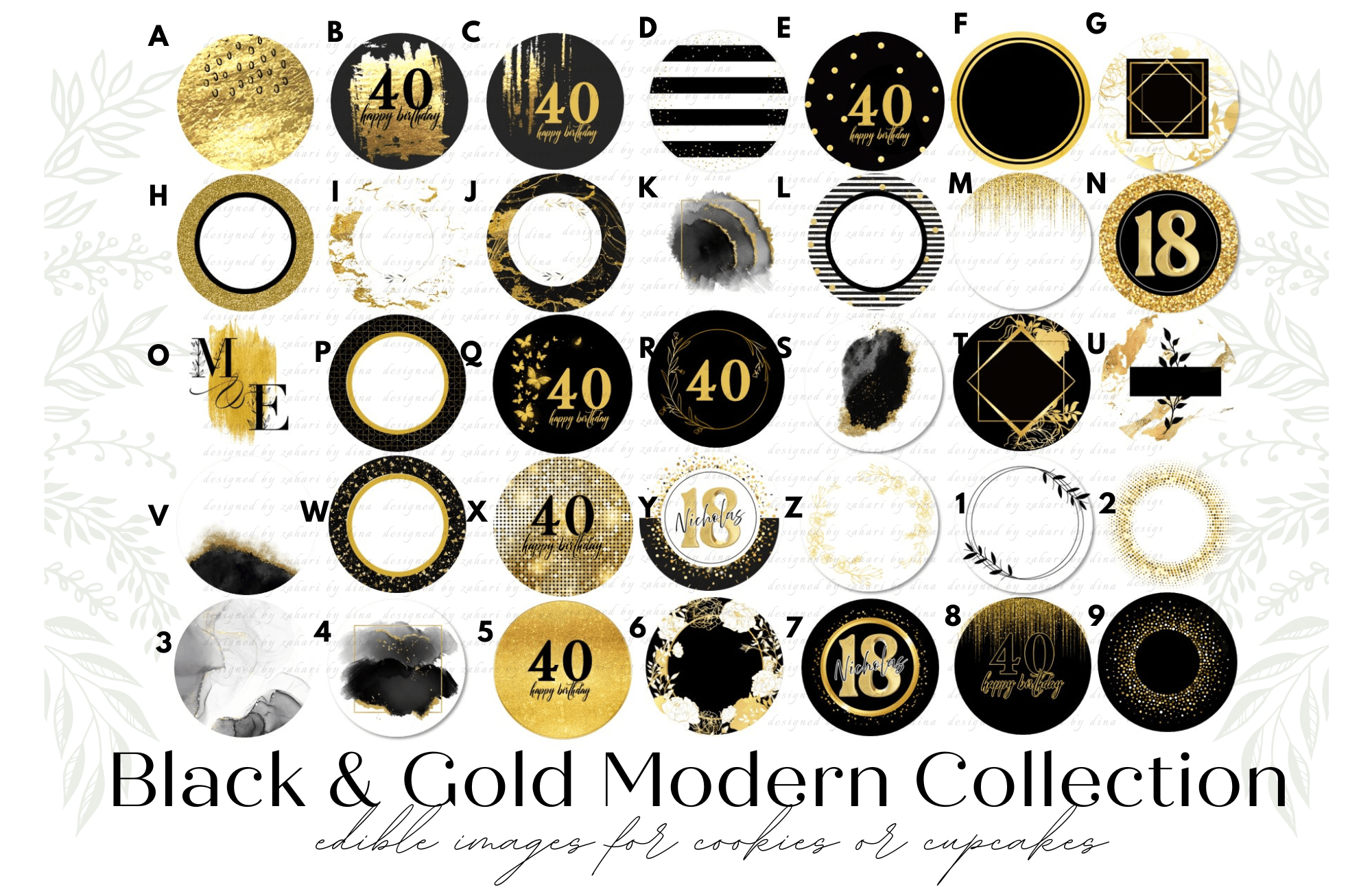 Assorted Collection of Black and Gold Edible Prints 2026 precut round icing toppers for cookies or cupcakes for any event (please read description)