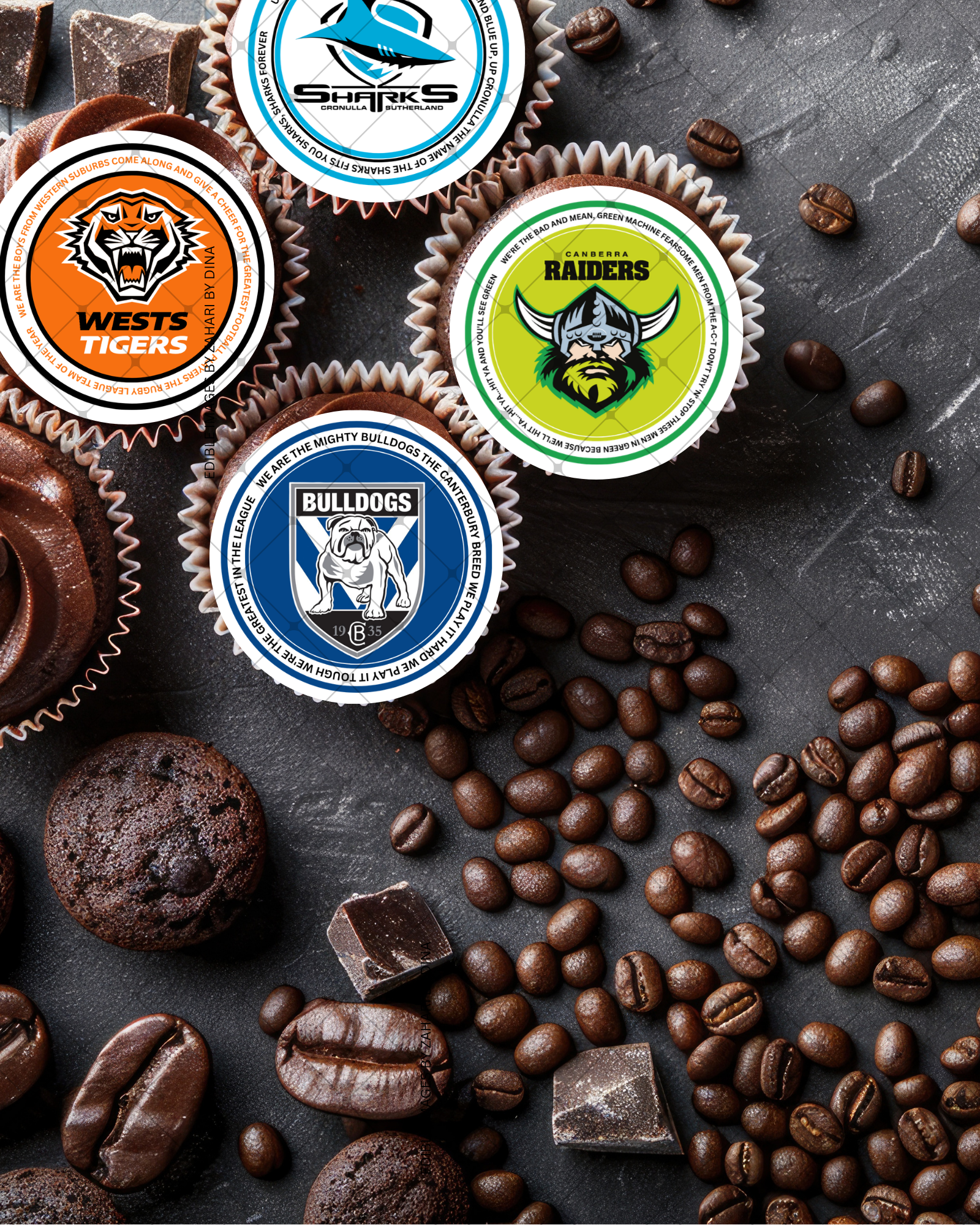 NRL Rugby Teams with song lyrics precut 15, 2″round icing toppers for cookies or cupcakes – Broncos, Eels etc
