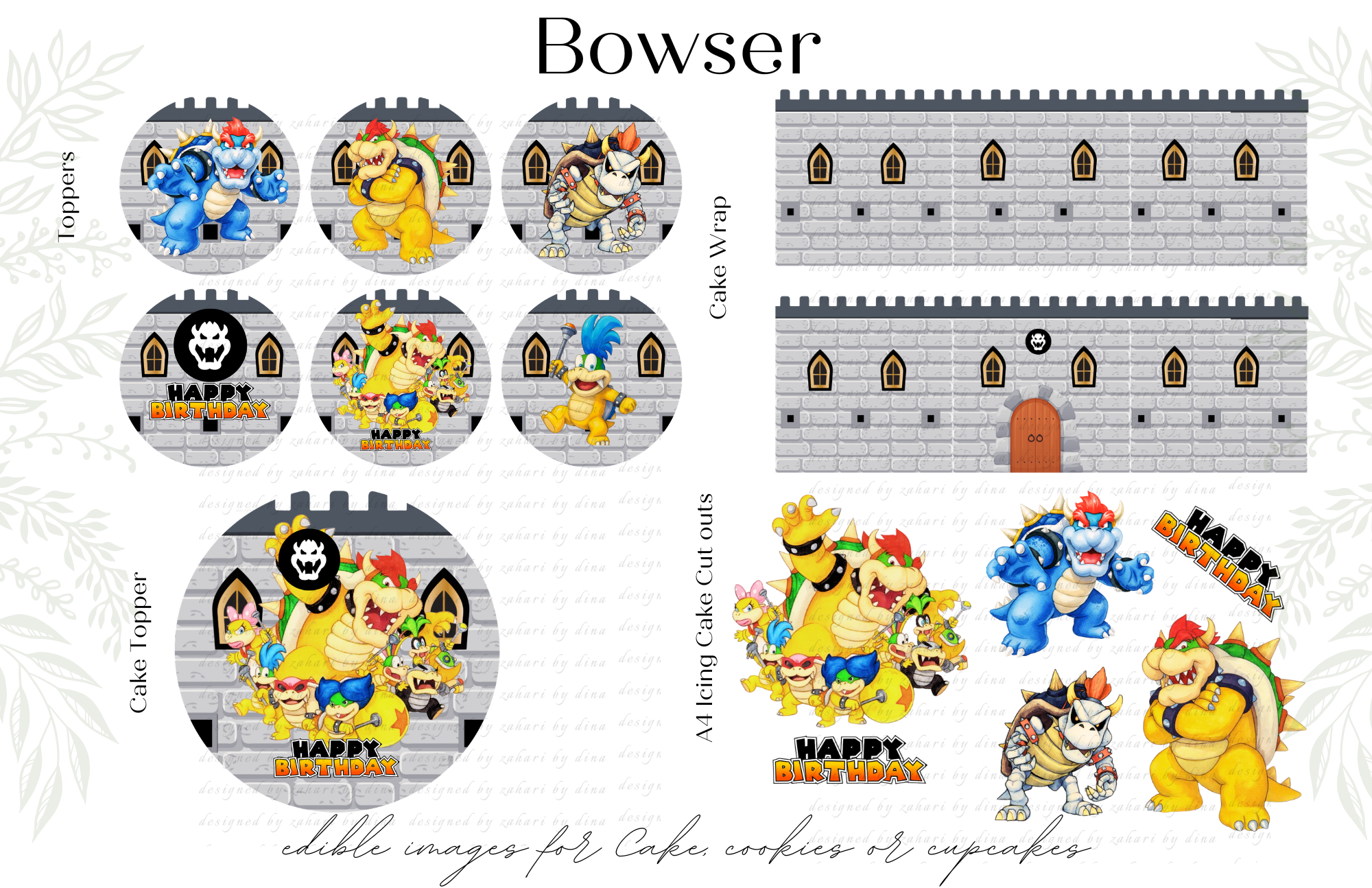 Bowser cupcake or cookie toppers| Bowser cake topper| Bowser Cake castle cake wrap or A4 Edible icing cut outs Jul26