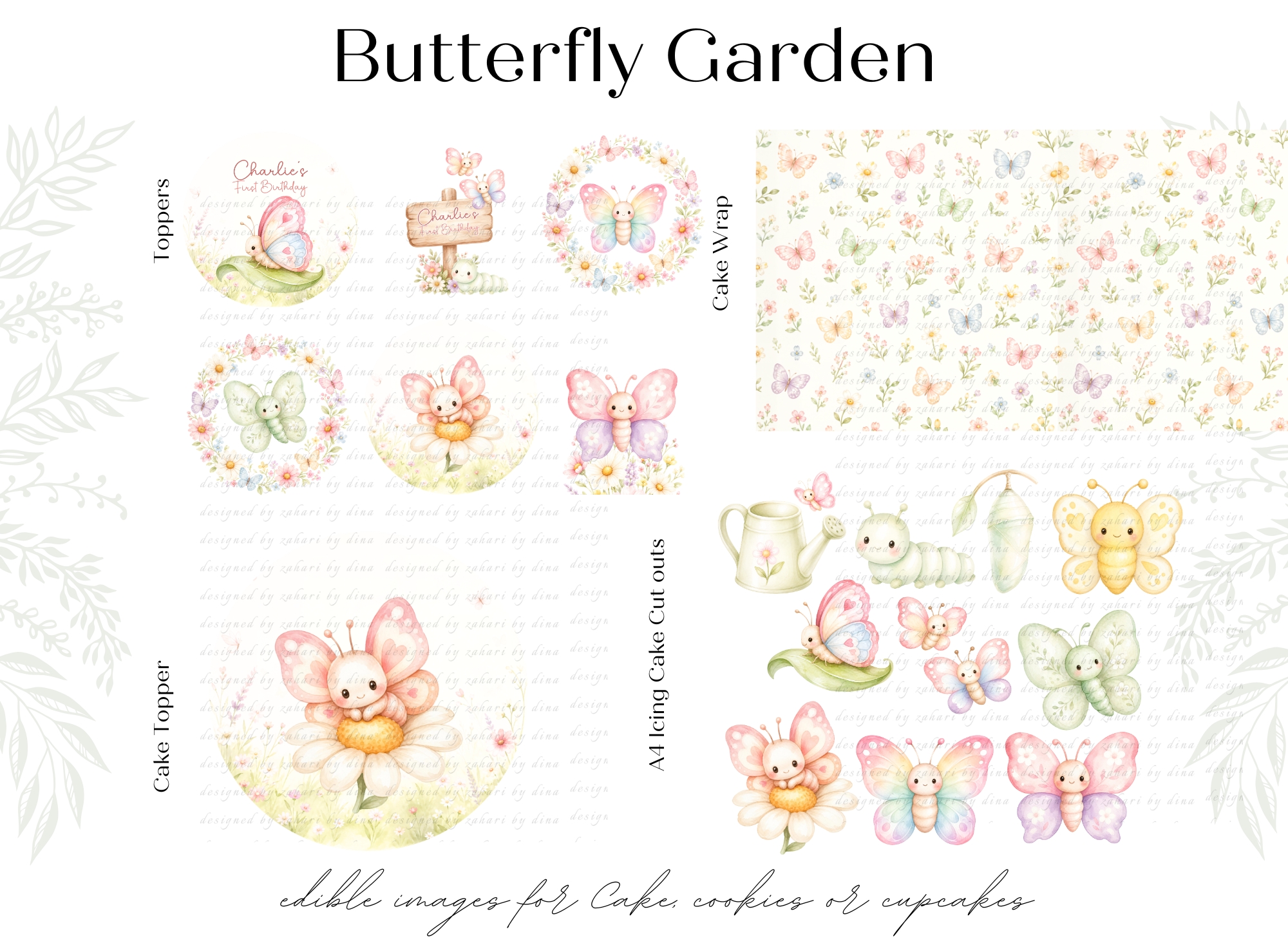 Butterfly Garden edible image cupcake toppers or cookies - Cake wrap or Icing cake cut outs Aug 26 or 7inch cake topper