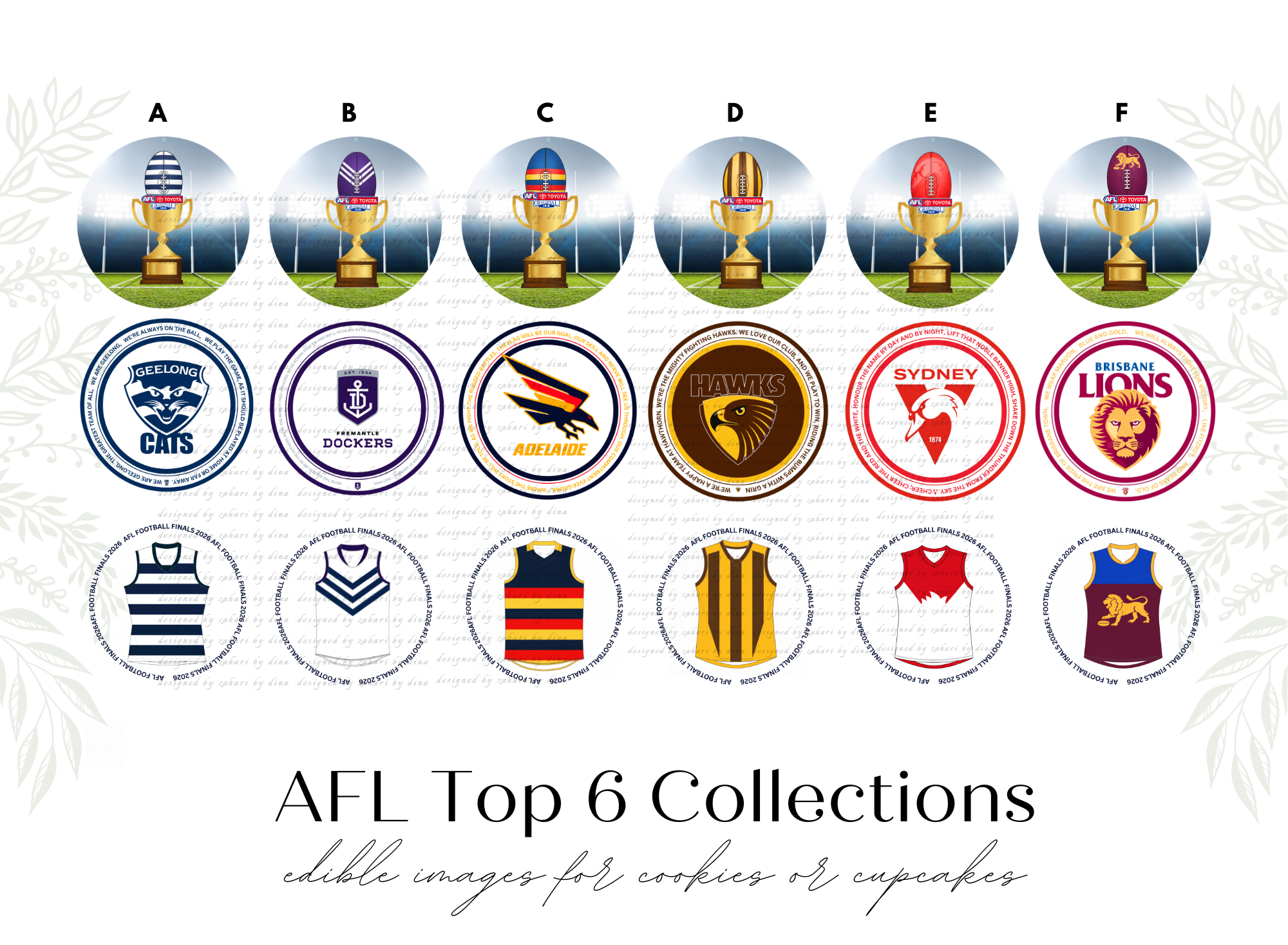AFL TOP 6 precut 2inch edible icing rounds for cookies or cupcakes – Sydney Swans|Hawthorn|Freemantle| Geelong| Brisbane Lions| Adelaide crows (15 to sheet)