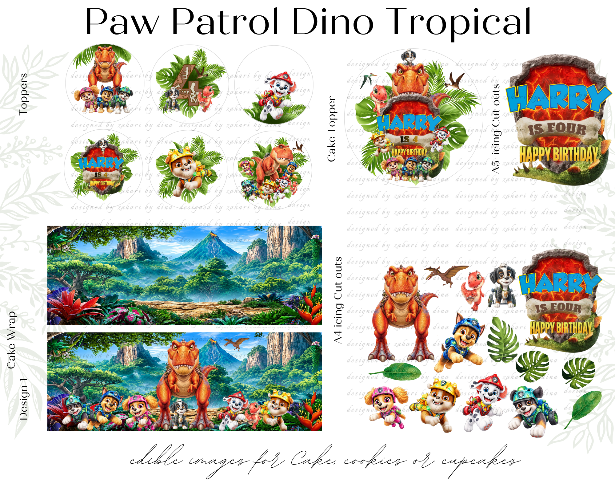 Paw patrol Dino Tropical Edible Cupcake Toppers| Cookie Toppers| Cake Topper| Cake icing cut outs – Sept26