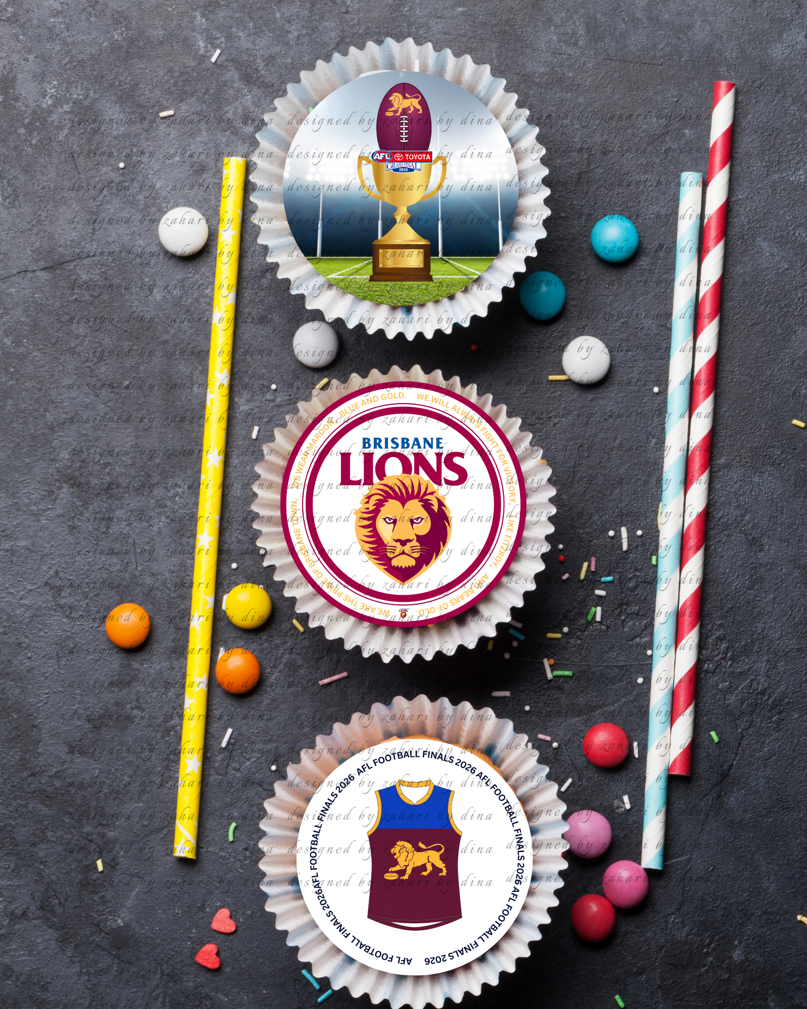 AFL Brisbane Lions precut 15, 2″round icing toppers| 7″ Cake Topper | or A4 Icing cut outs for cake