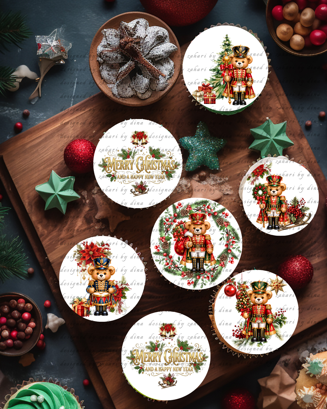 Teddy bear Nutcraker 2026 Merry Xmas precut round edible icing toppers for cookies or cupcakes