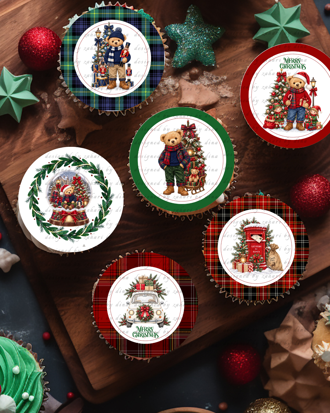 Ralph Lauren Teddy Bear Merry Christmas Precut round edible icing toppers for cookies or cupcakes 2026| Edible icing Print