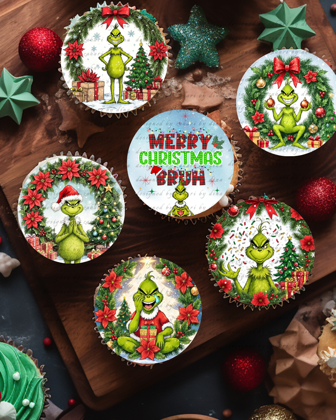 Grinch 2026 Merry Xmas precut round edible icing toppers for cookies or cupcakes
