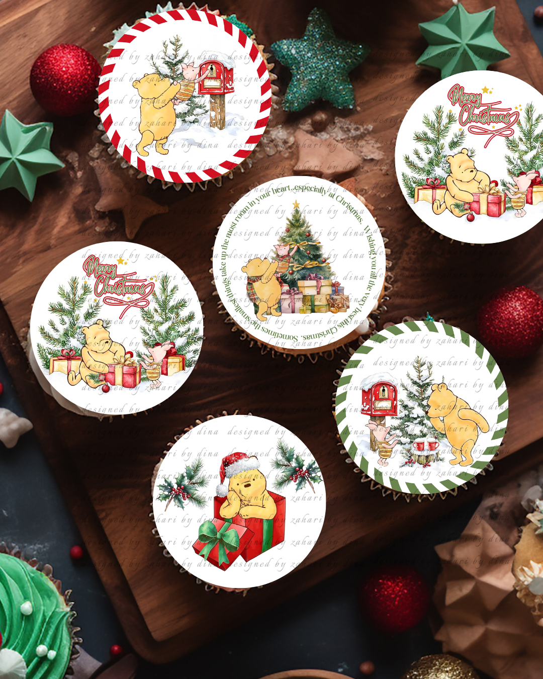 Winnie Merry Christmas Precut round edible icing toppers for cookies or cupcakes 2026| Edible icing Print