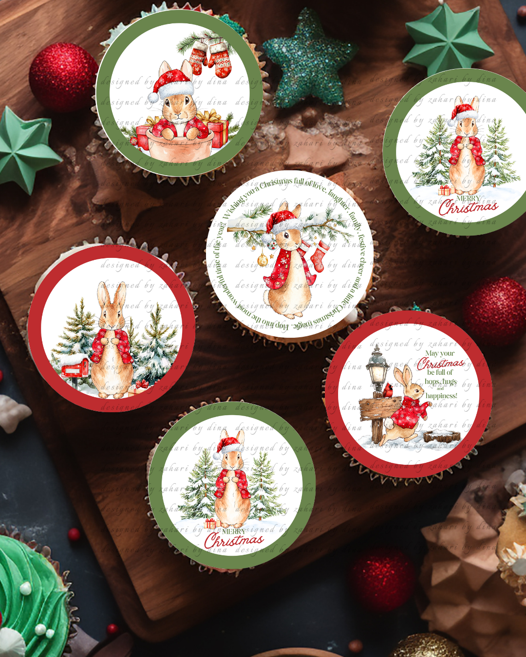 Peter Rabbit Merry Christmas Precut round edible icing toppers for cookies or cupcakes 2026| Edible icing Print
